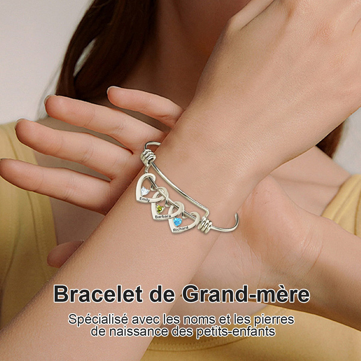 Bracelet personnalisé pour Grand-mère avec pierres de naissance – Prénoms des petits-enfants gravés