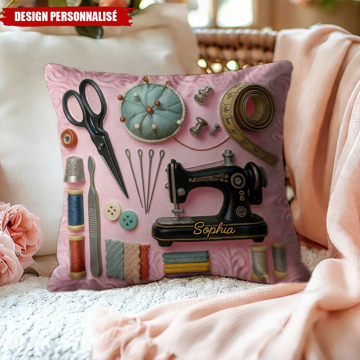 Coussin Personnalisé à Motif de Machine à Coudre et Outils — Cadeau Pour Les Passionnés de Bricolage