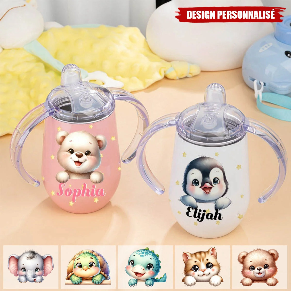 Tasse à Bec Isolée 300 ml Personnalisée avec Nom et Motif d'Animal Design