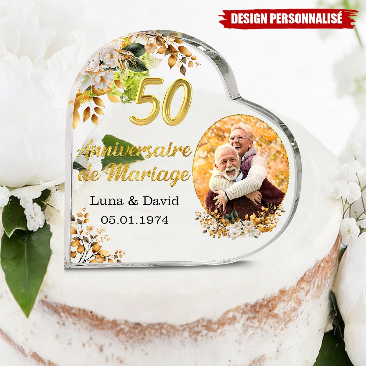 Plaque Photo Cœur Personnalisée — Cadeau d’Anniversaire de Mariage Pour le Couple