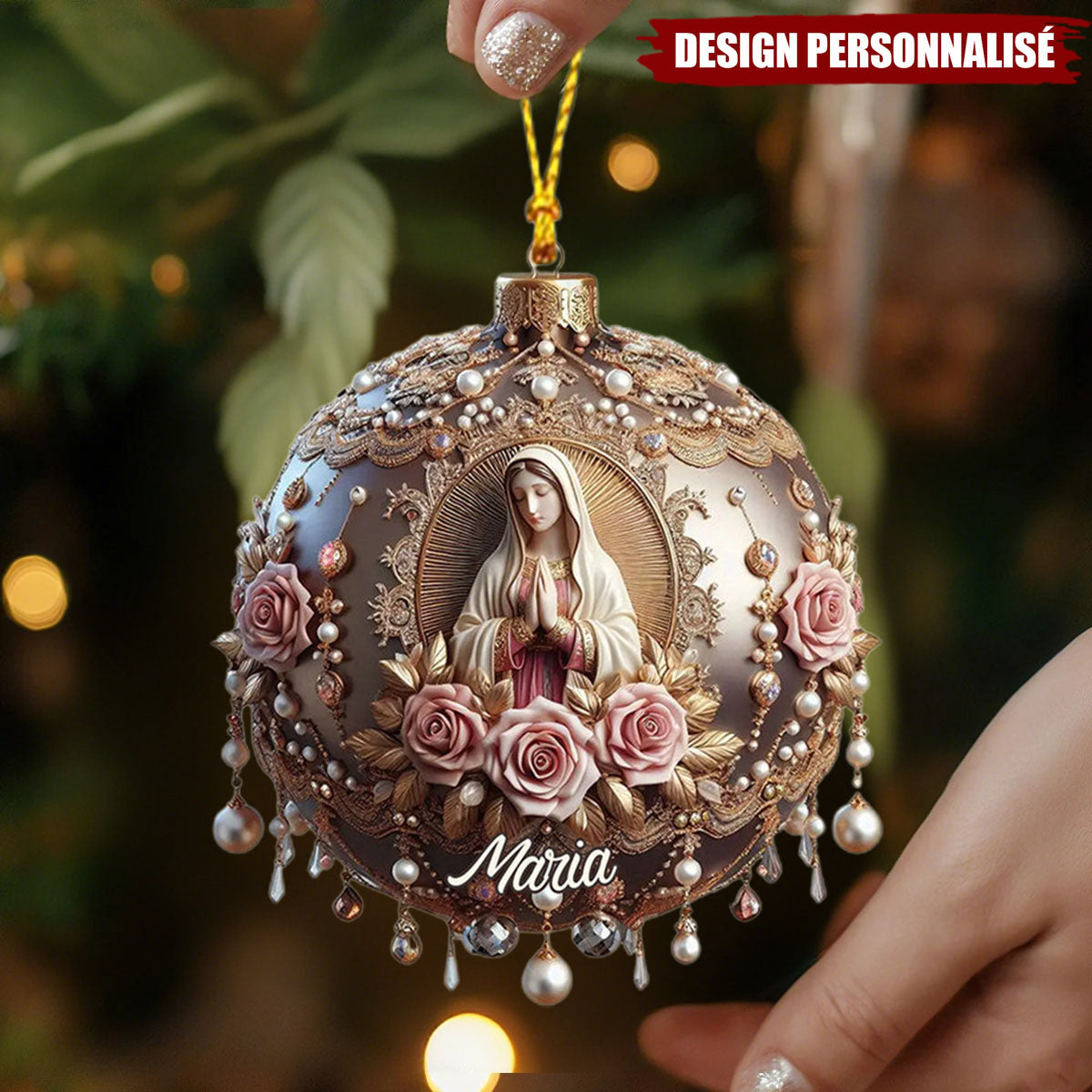 Ornement Chrétien Personnalisé – Vierge Marie et Roses Élégantes