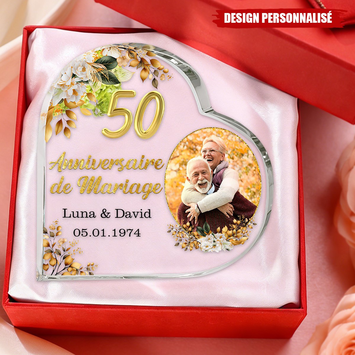 Plaque Photo Cœur Personnalisée — Cadeau d’Anniversaire de Mariage Pour le Couple