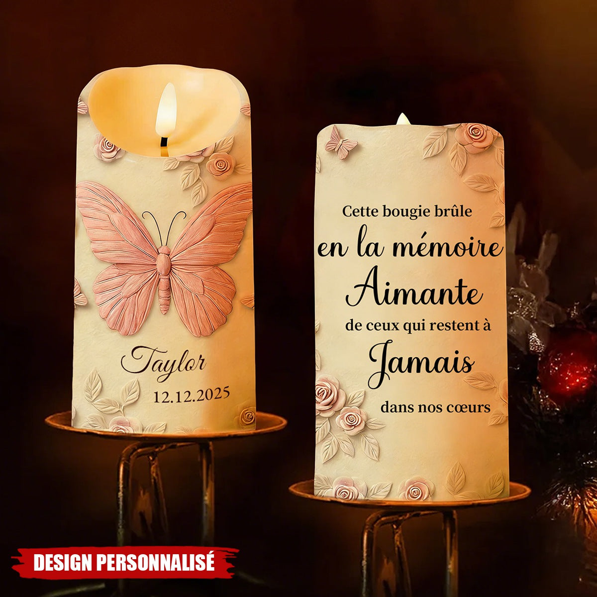Bougie LED Personnalisée aux Papillons et Roses - Cadeau en Mémoire