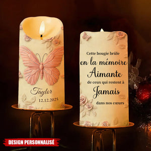 Bougie LED Personnalisée aux Papillons et Roses - Cadeau en Mémoire