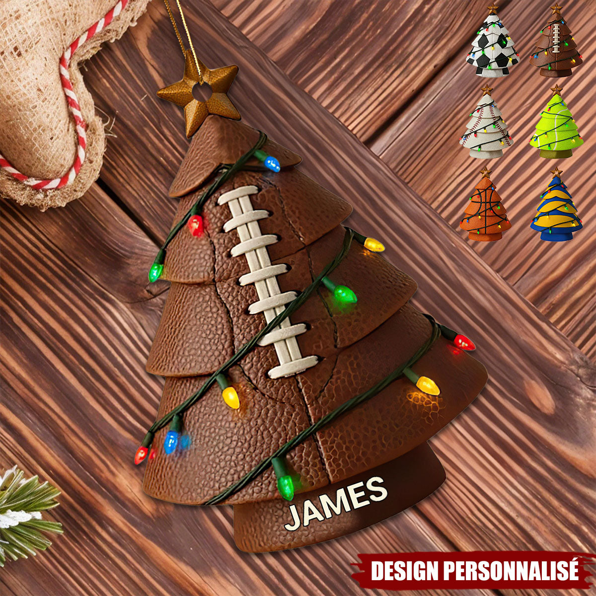 Ornement de Noël Personnalisé en Forme de Sapin – Design Sportif Unique
