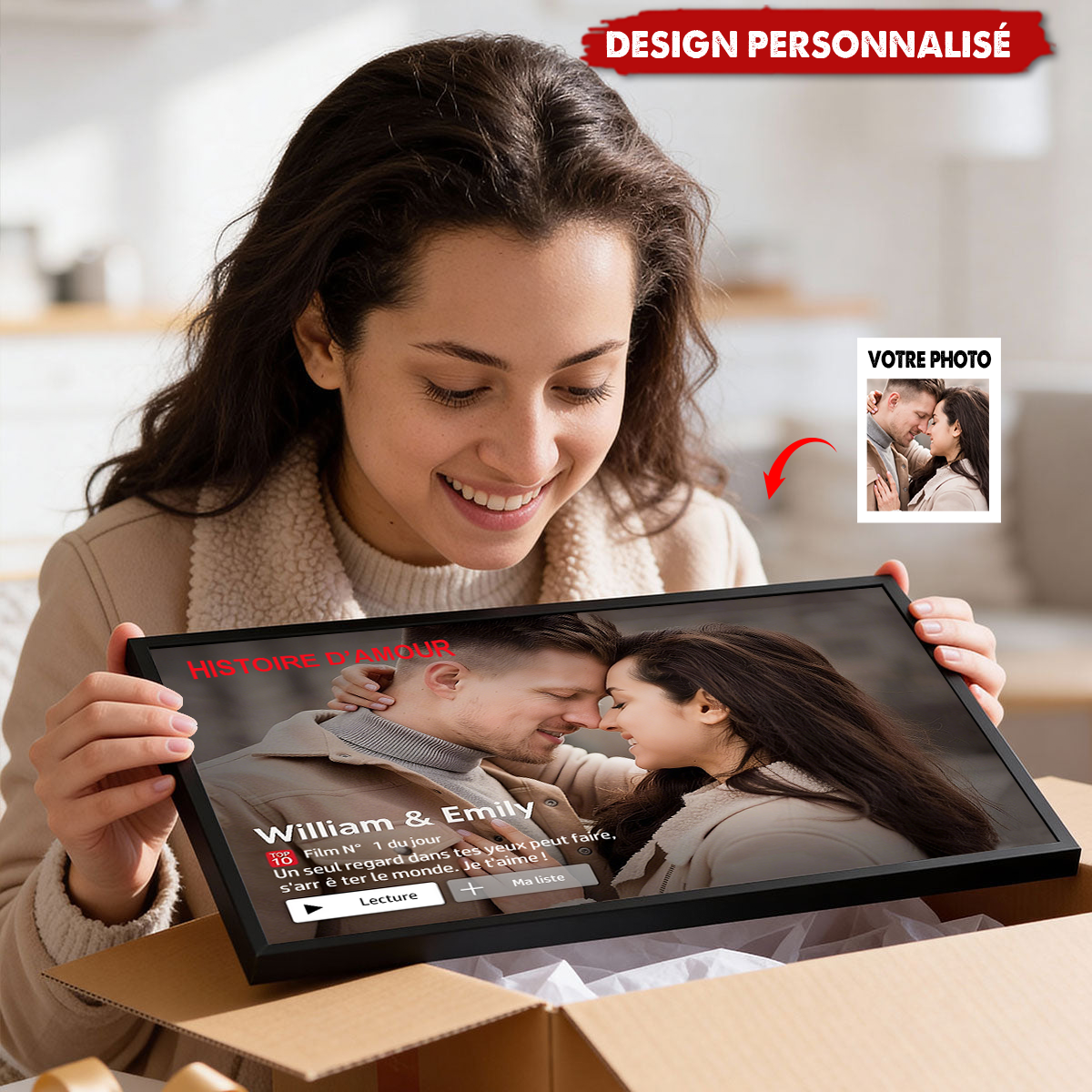 Affiche Personnalisée Couple – Histoire d’Amour Style Film avec Photo, Noms et Message