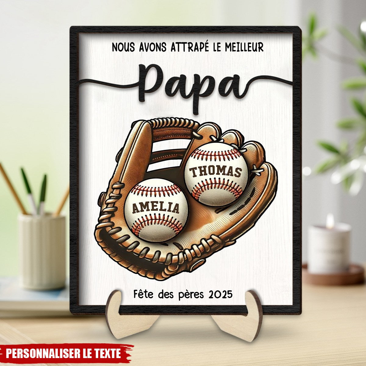 Tableau personnalisé Fête des Pères – "Nous avons attrapé le meilleur Papa" avec prénoms sur balles de baseball