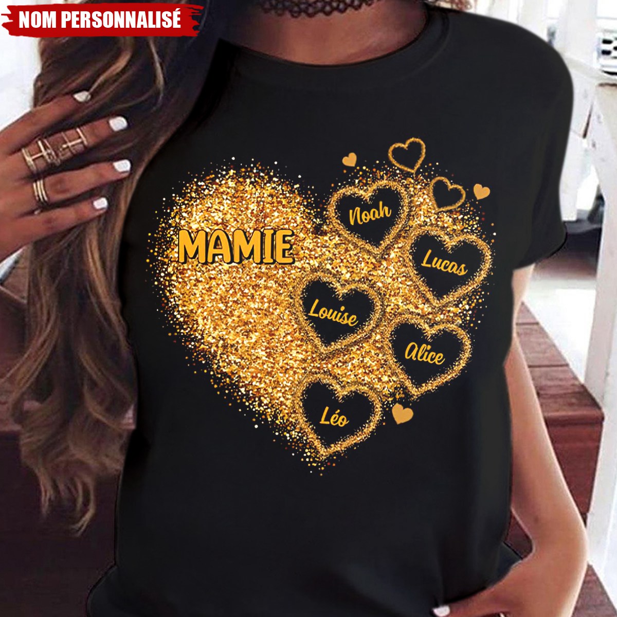 T-shirt Personnalisé Mamie – Cœur Scintillant avec Prénoms des Petits-Enfants