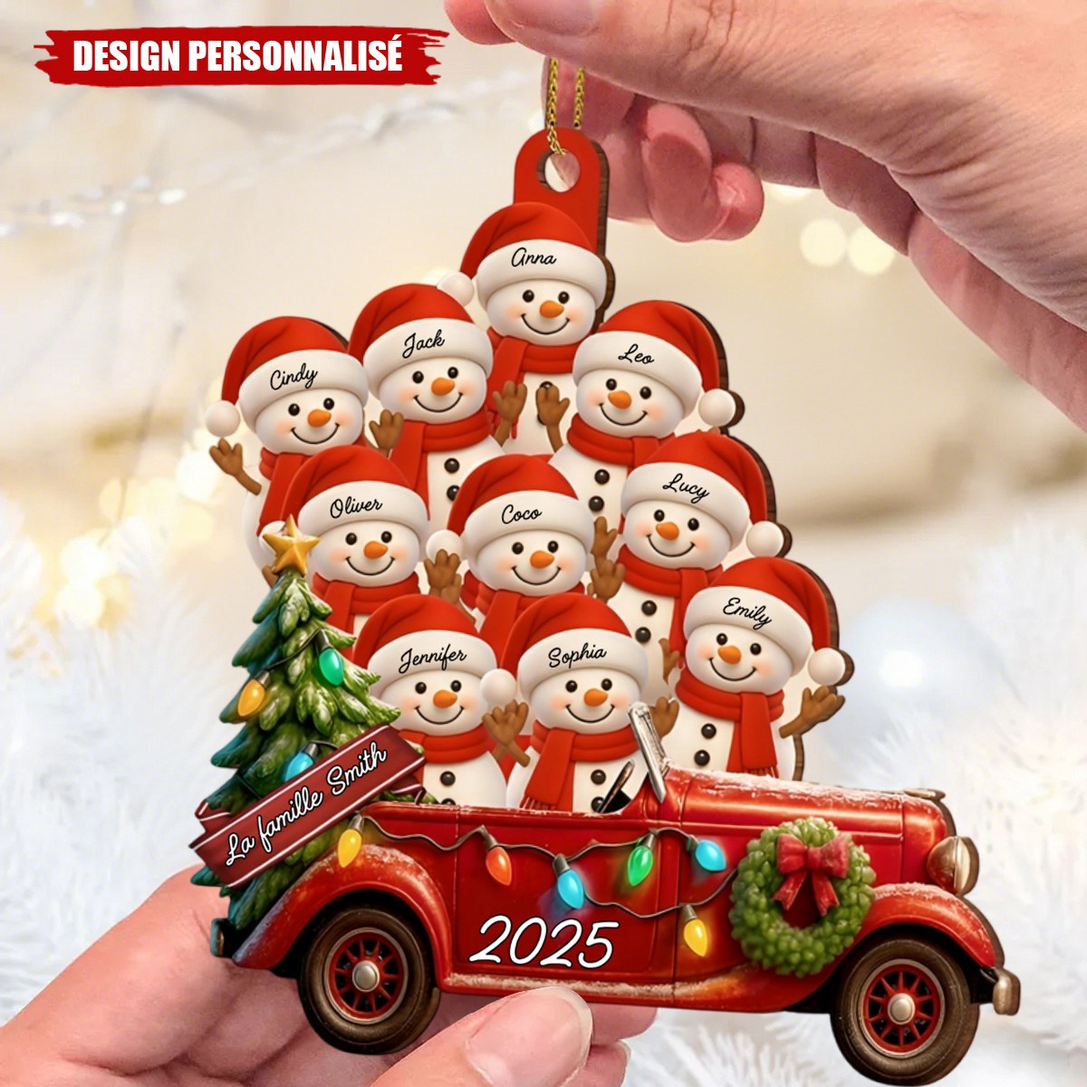Suspension de Noël Personnalisée – Famille Bonhommes de Neige en Voiture Vintage