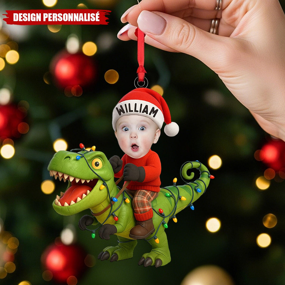 Ornement Photo Personnalisée Bébé sur Dinosaure – Décoration de Noël Unique