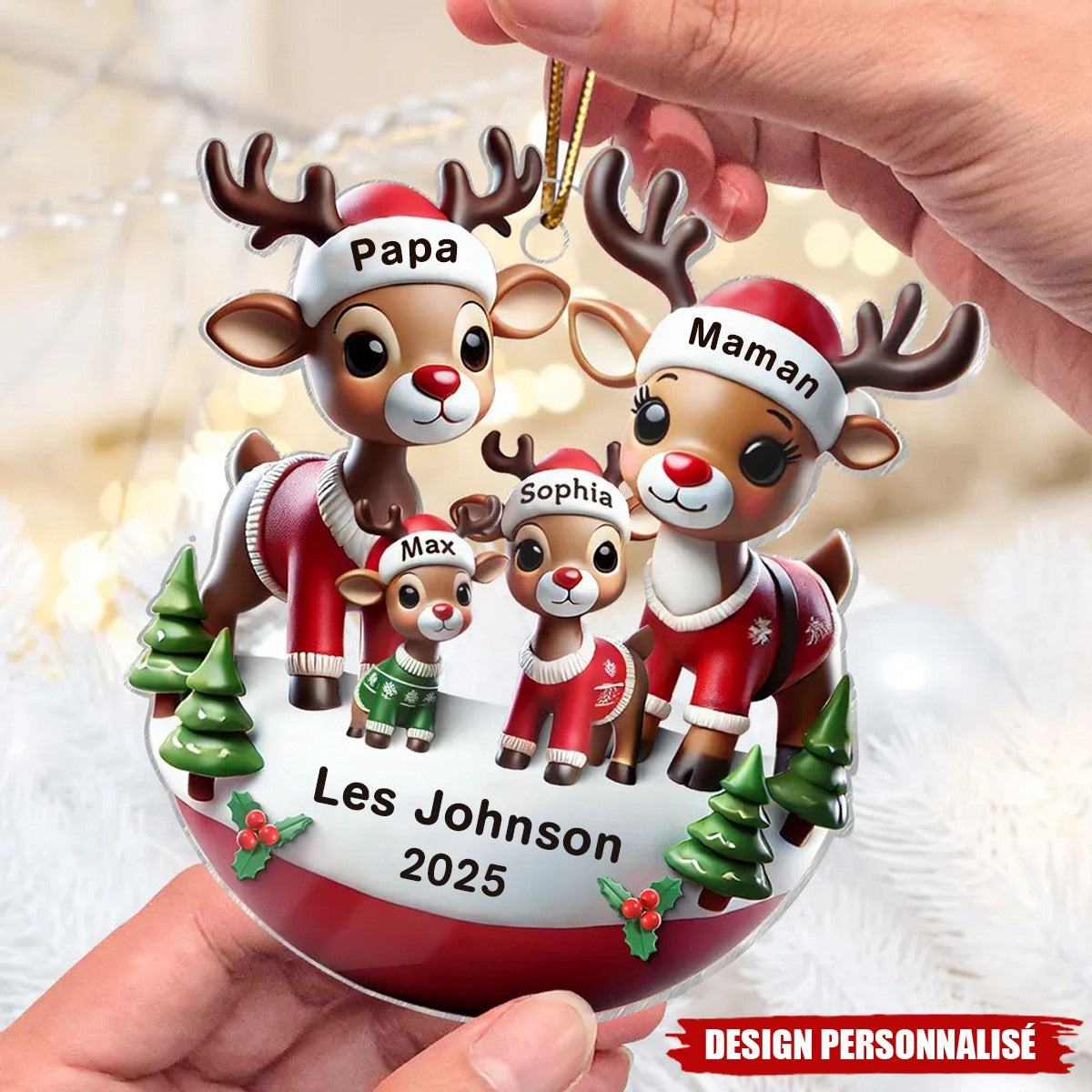 Décoration de Noël Personnalisée en Acrylique – Famille de Rennes avec Prénoms et Message de Noël