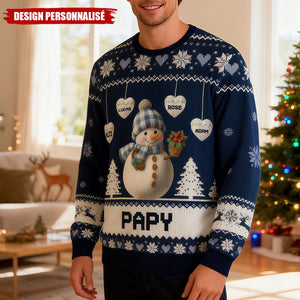 Pull de Noël Personnalisé Bonhomme de Neige – Cadeau Unique pour Papy et Mamie