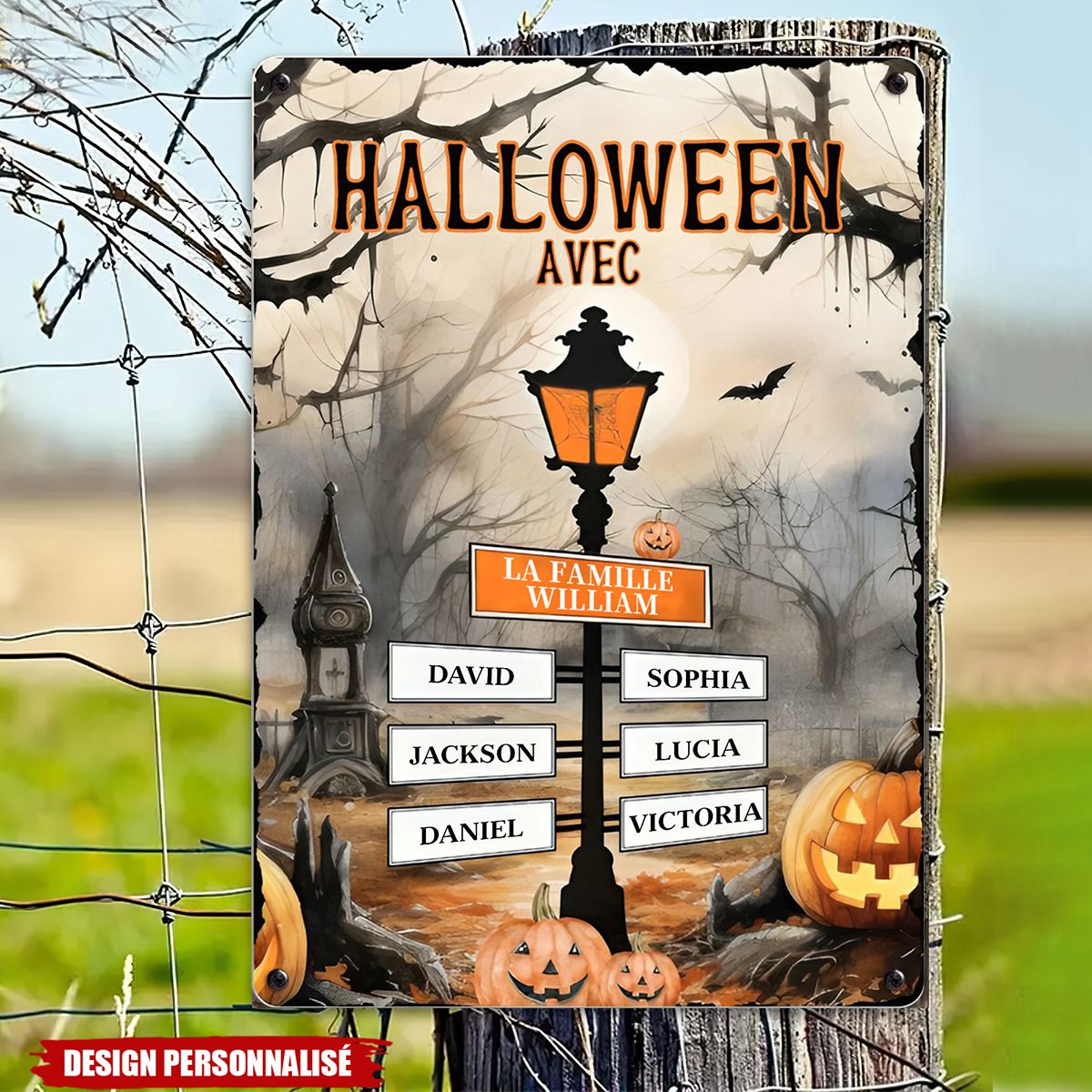 Panneau Métallique Personnalisé Halloween- Décoration Familiale Unique avec Noms