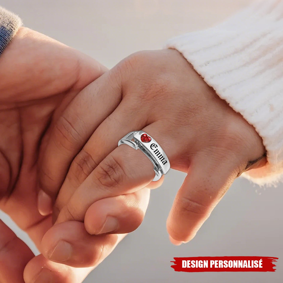 Bague personnalisée avec message caché et pierre de naissance - Cadeau de Saint-Valentin pour couple