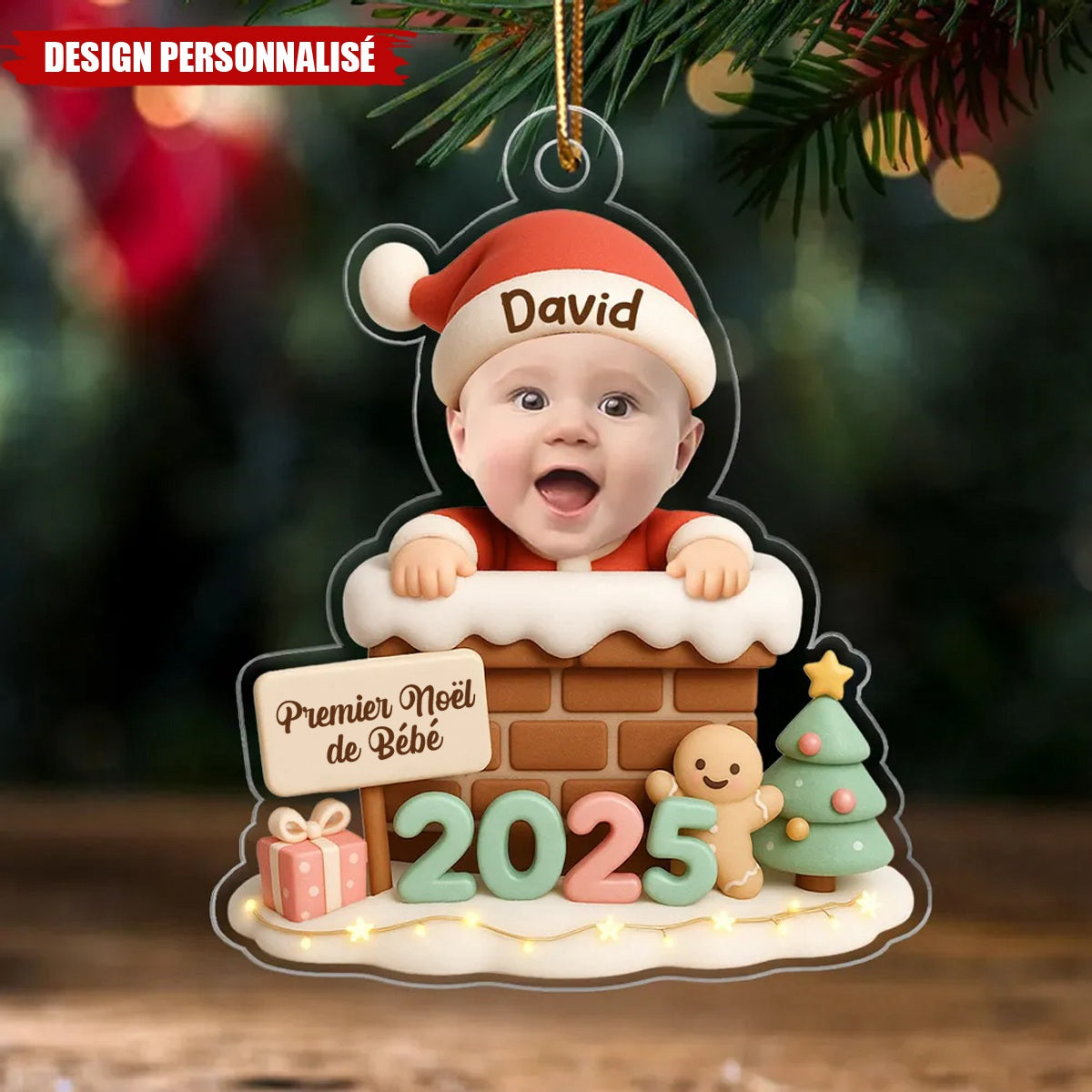 Ornement Acrylique Personnalisé Bébé Noël avec Cheminée – Cadeau de Noël pour Enfants