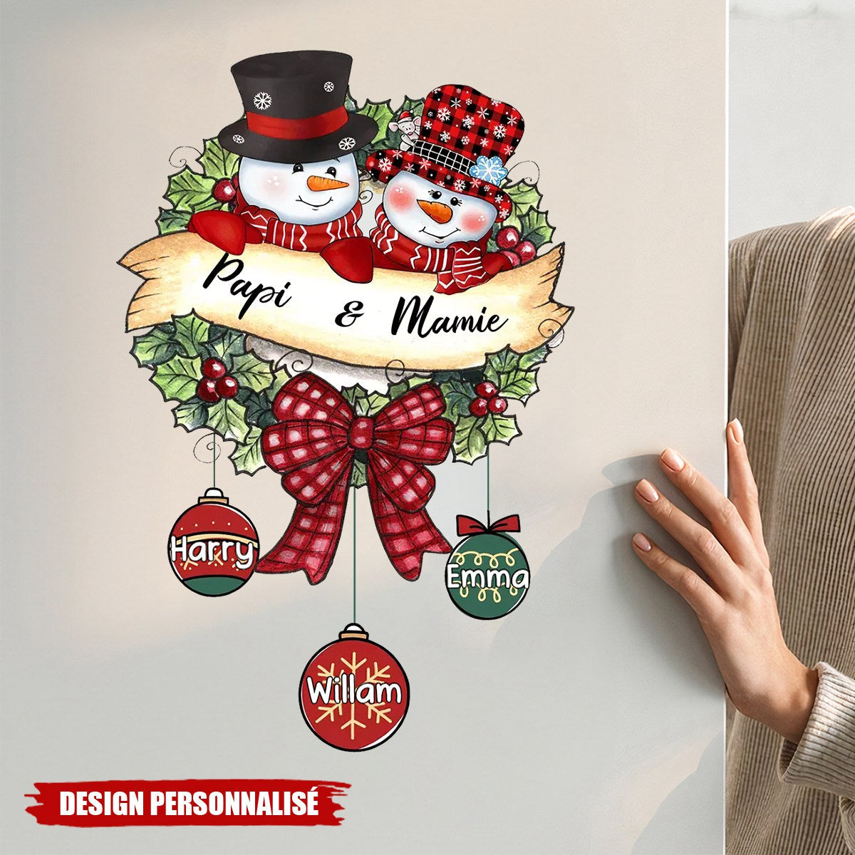 Autocollant Personnalisé de Noël  – Famille Bonhommes de Neige avec Prénoms