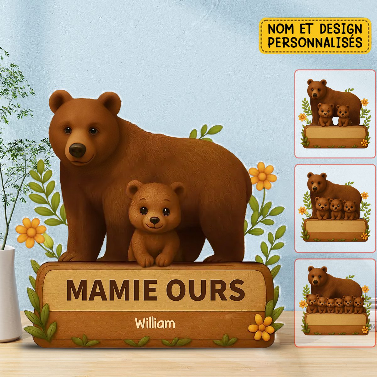 Panneau Décoratif Personnalisé Famille d’Ours – Cadeau Mignon pour Mamie