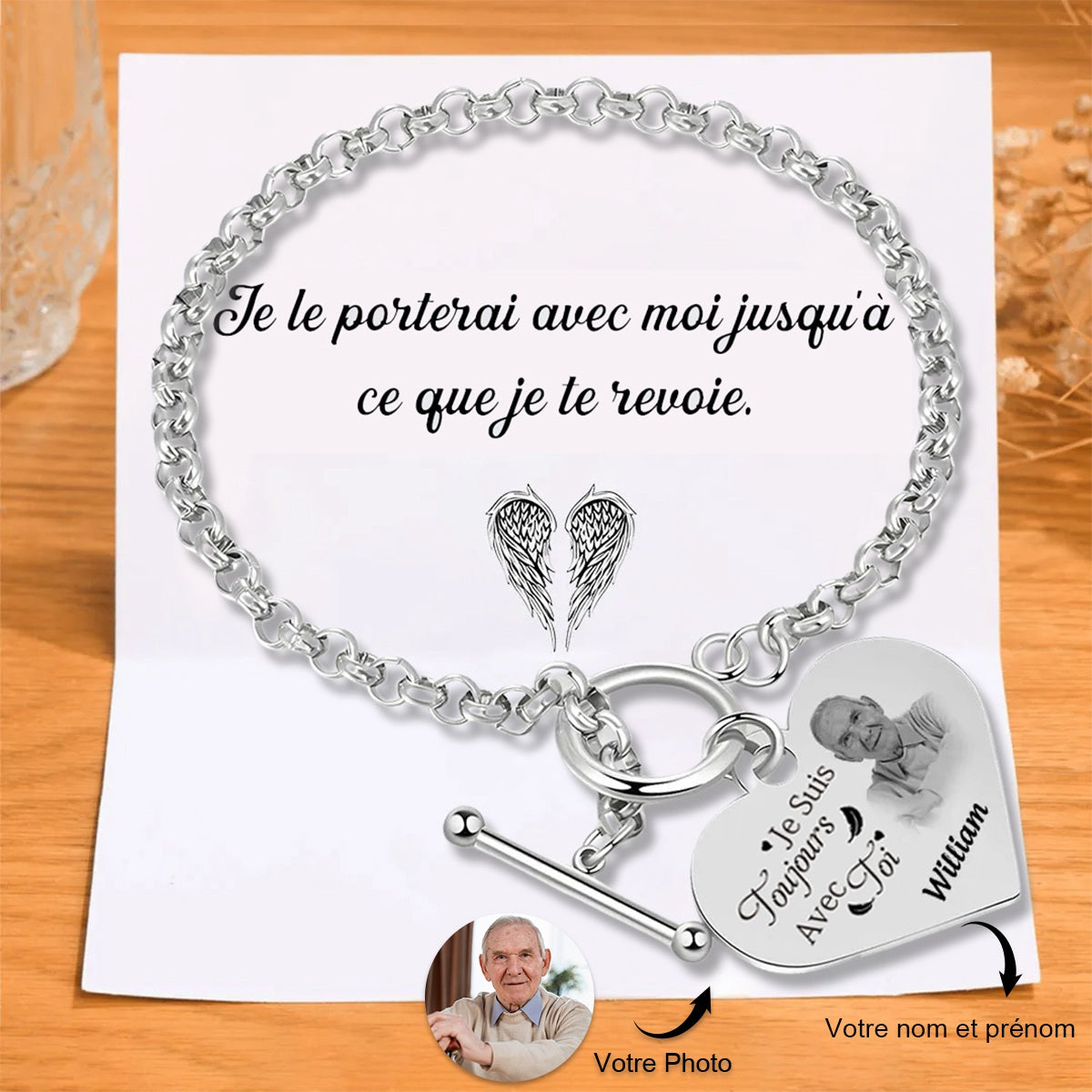 Bracelet avec Cœur Breloque personnalisé en acier inoxydable avec photo et prénom Cadeau commémoratif