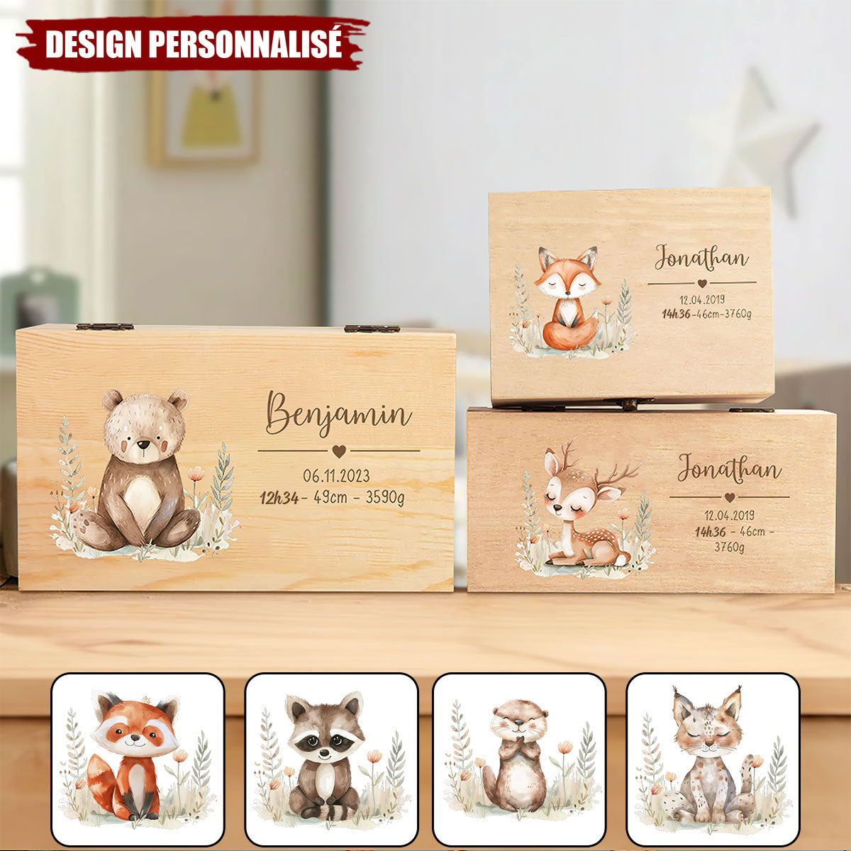 Boîte de rangement en bois personnalisée – Cadeau Unique pour Nouveau-né
