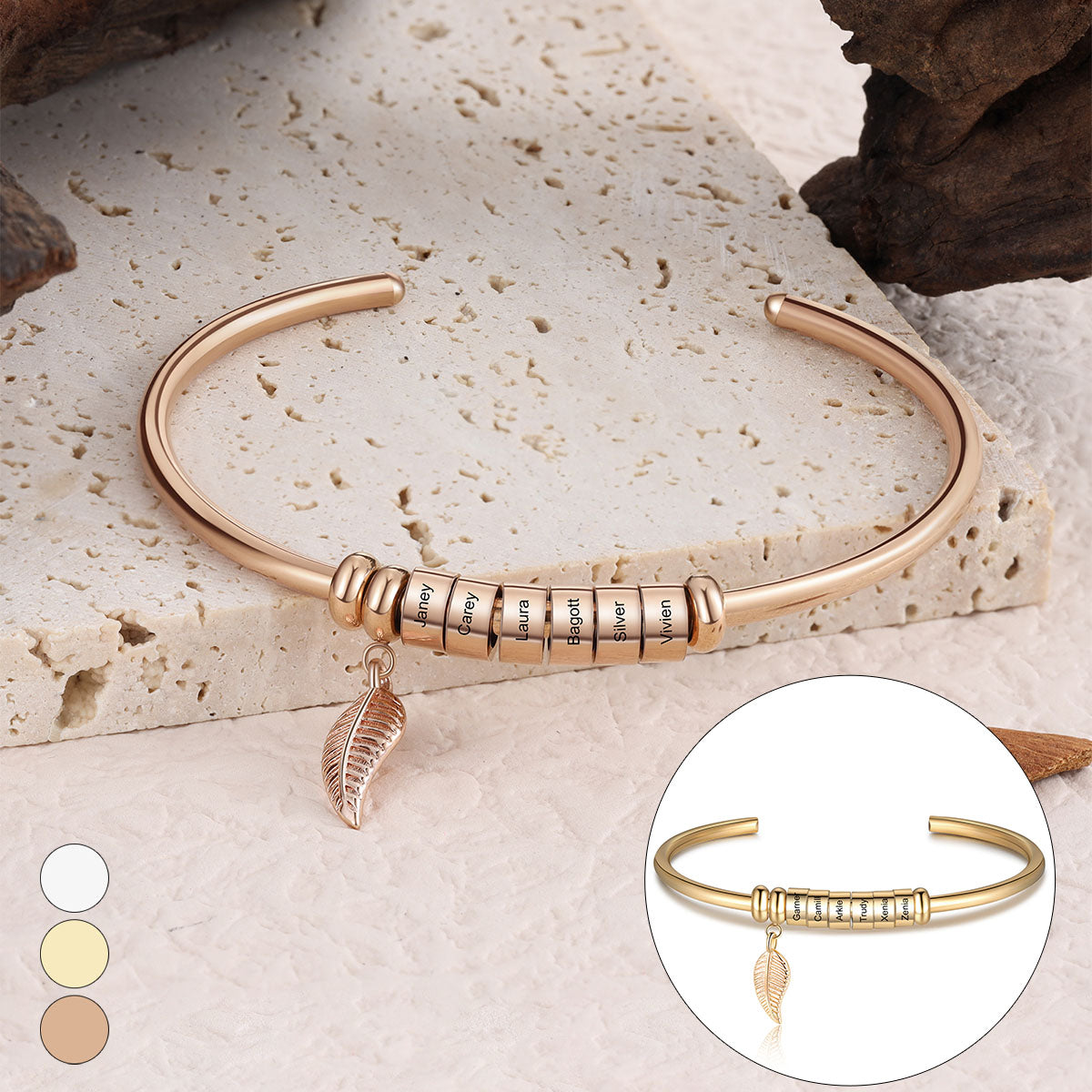 Bracelet Personnalisé en Acier Inoxydable avec Breloque Feuille et Noms Gravés