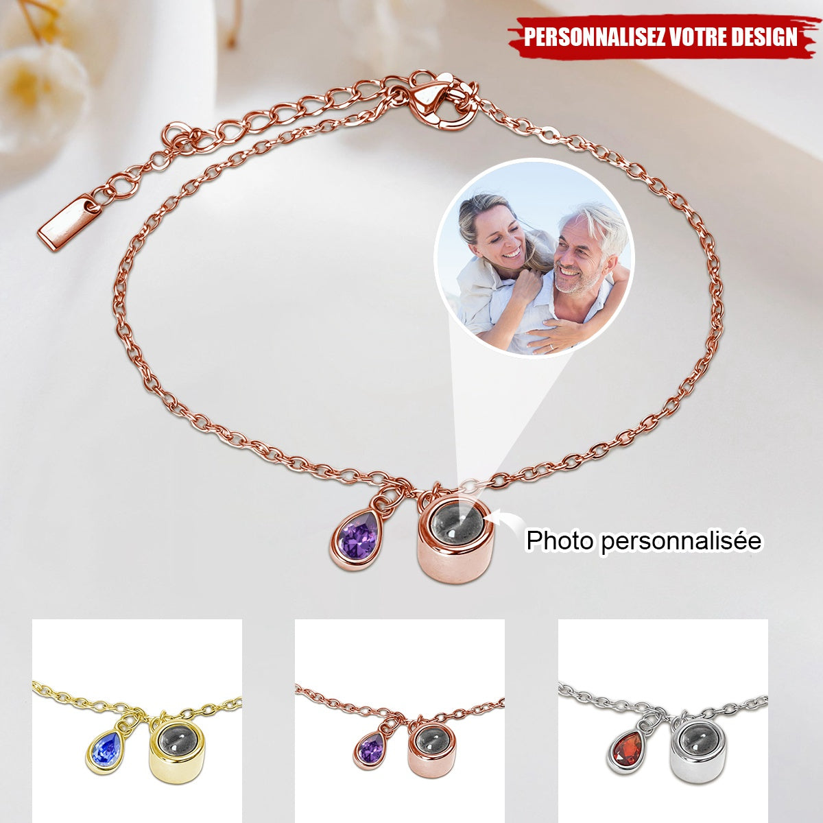 Bracelet Photo Personnalisé avec Pierre de Naissance – Cadeau Sentimental pour Couple