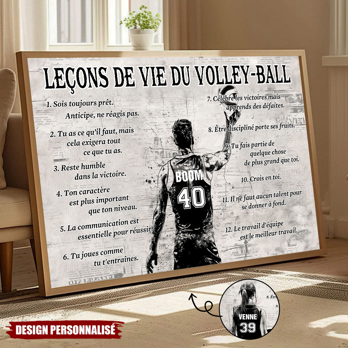 Affiche Personnalisée Leçons de Vie du Volley-ball  – Cadeau pour les Amoureux du Volley-ball