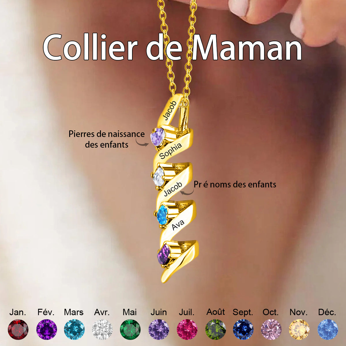 Collier Personnalisé avec Noms de Famille et Pierres de Naissance – Cadeau pour Maman ou Grand-mère