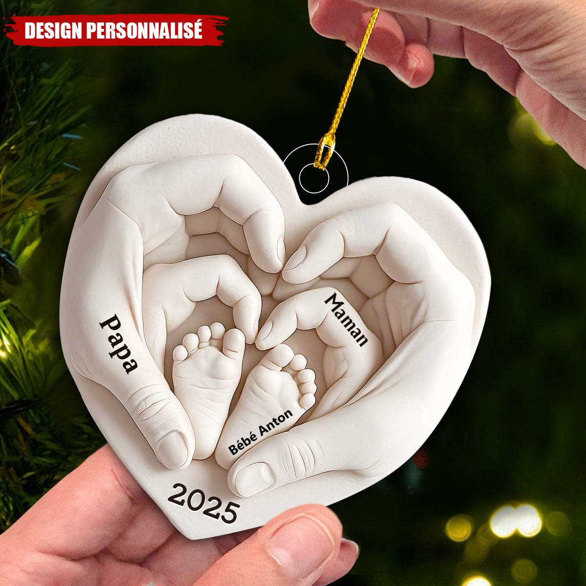 Ornement Cœur Personnalisé avec Empreintes de Pieds de Bébé – Cadeau Souvenir pour Nouveaux Parents