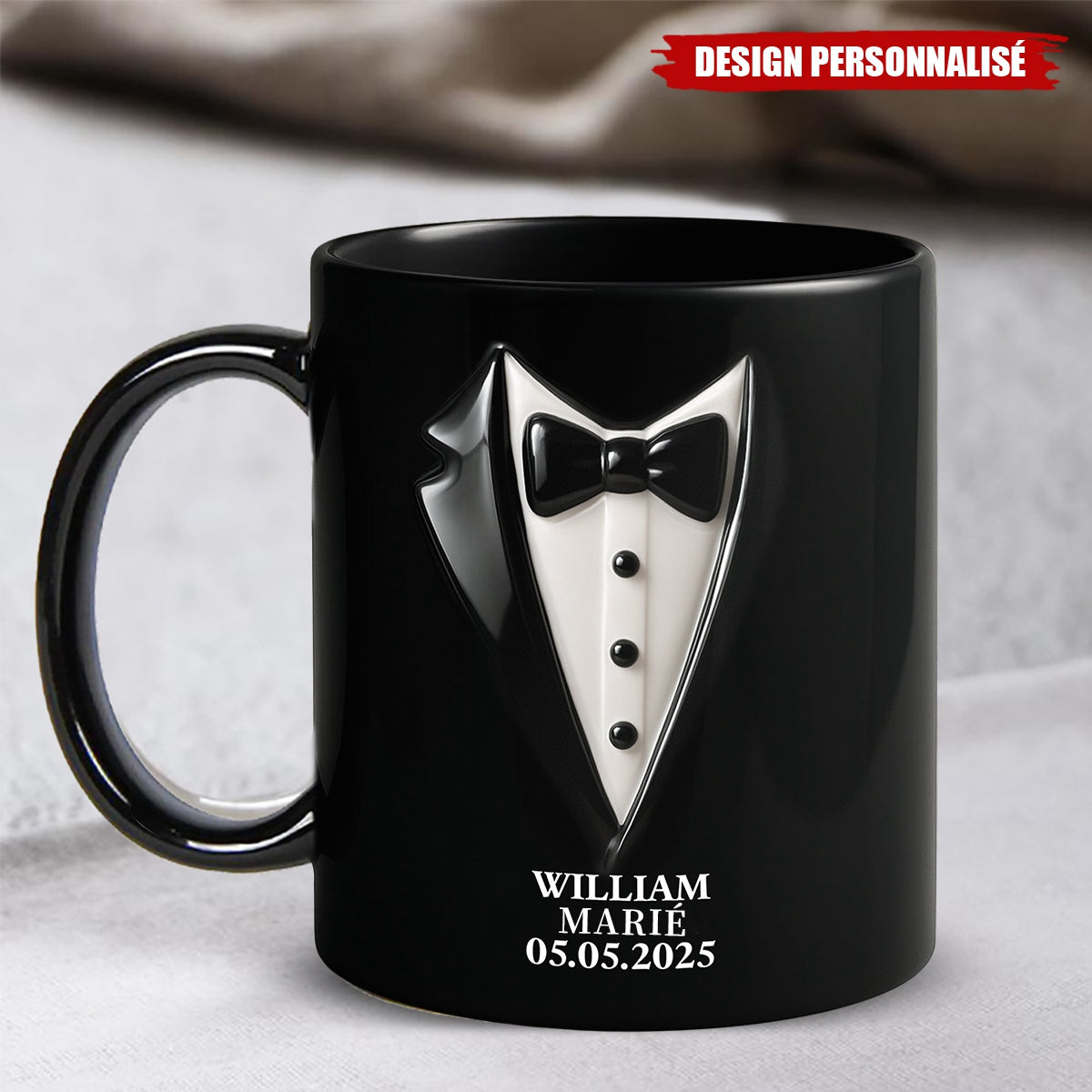 Mug de Mariage Personnalisé – Robe de Mariée et Costume Élégant avec Noms et Date