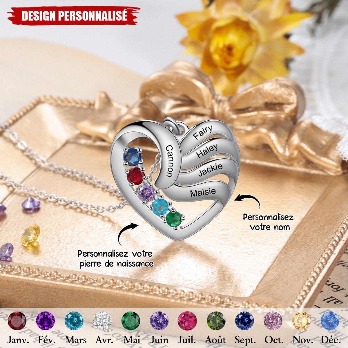 Collier Cœur Personnalisé avec Pierres de Naissance  – Cadeau Unique pour Famille et Amis