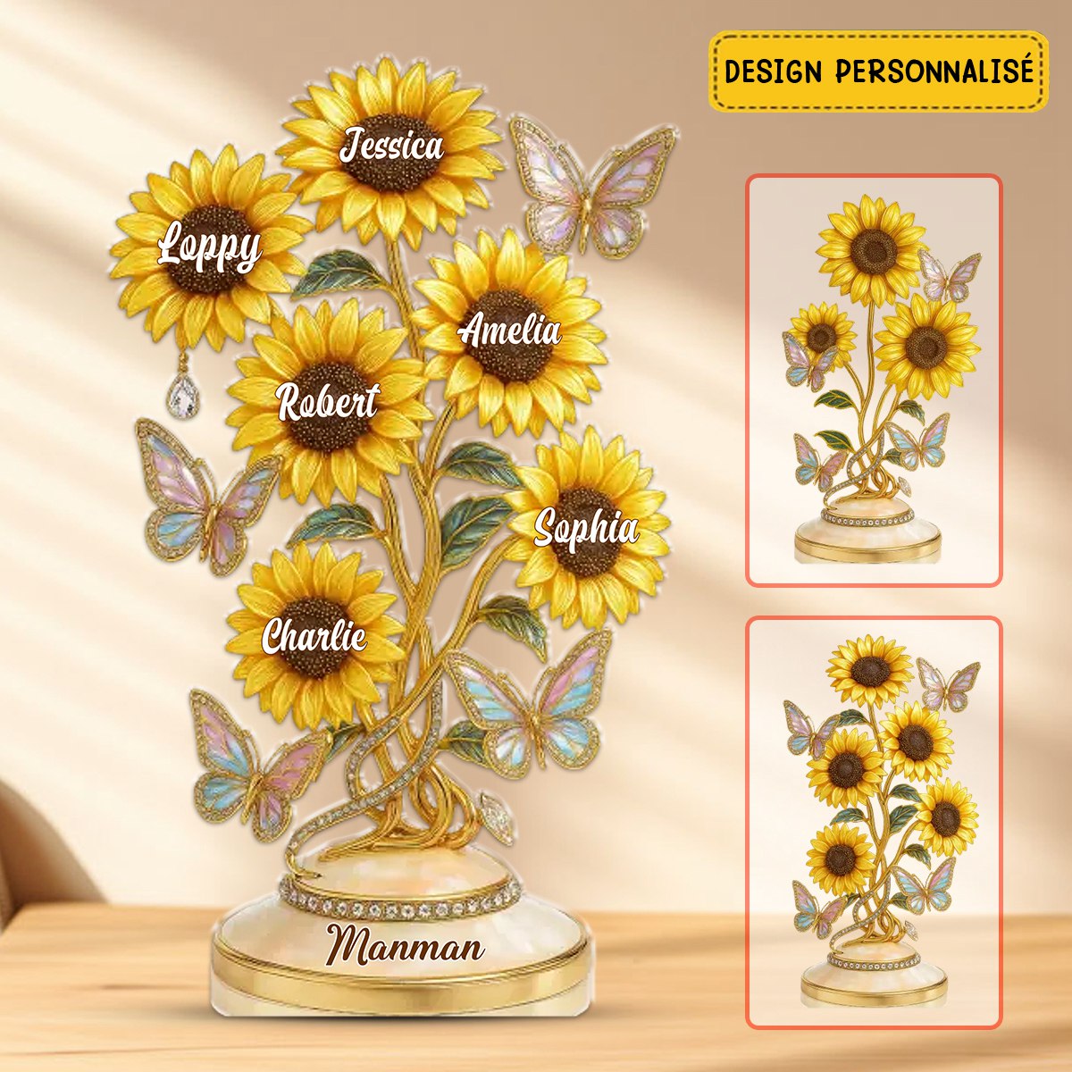 Cadeau Personnalisé pour Mamie - Sculpture de Tournesols avec Noms des Petits-Enfants