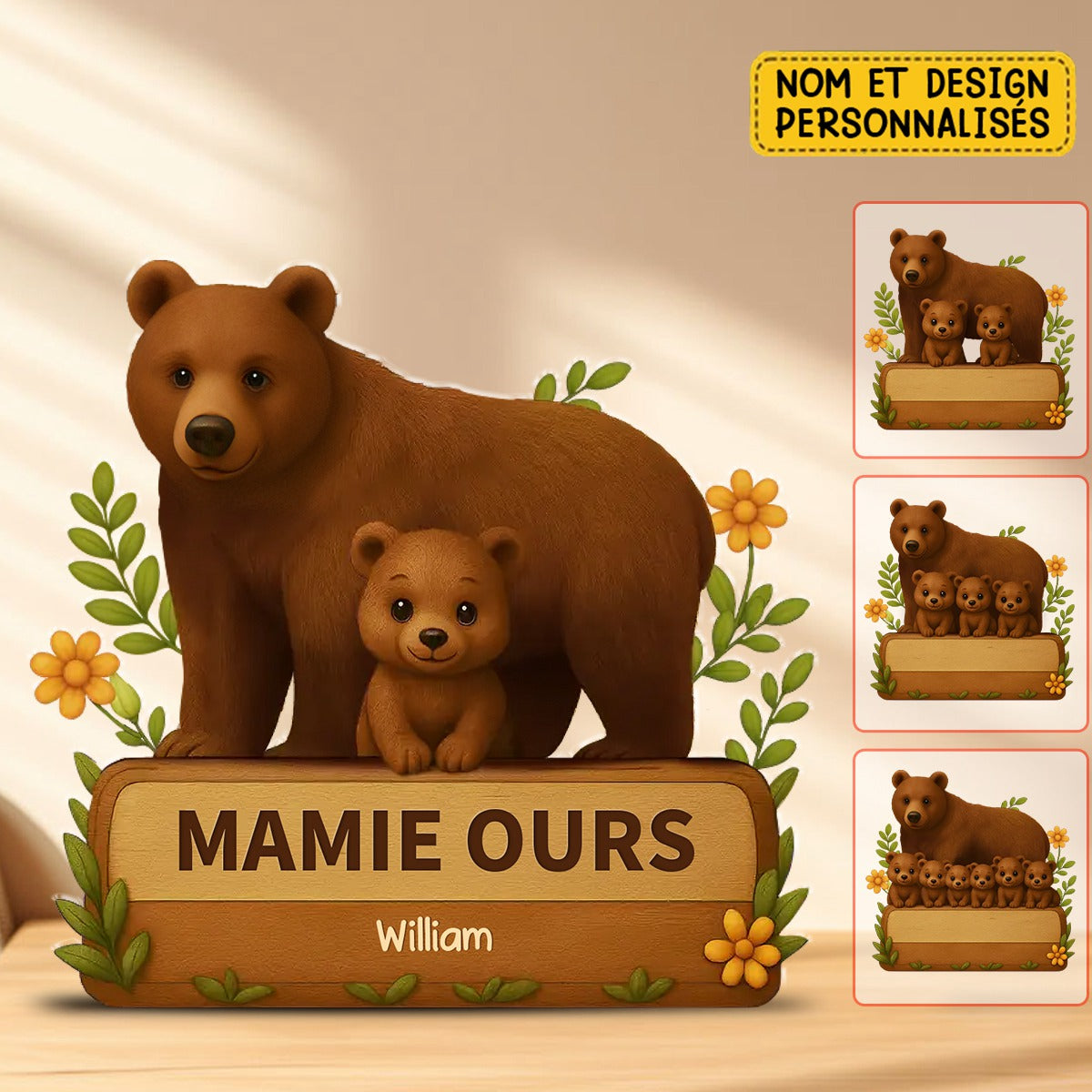 Panneau Décoratif Personnalisé Famille d’Ours – Cadeau Mignon pour Mamie