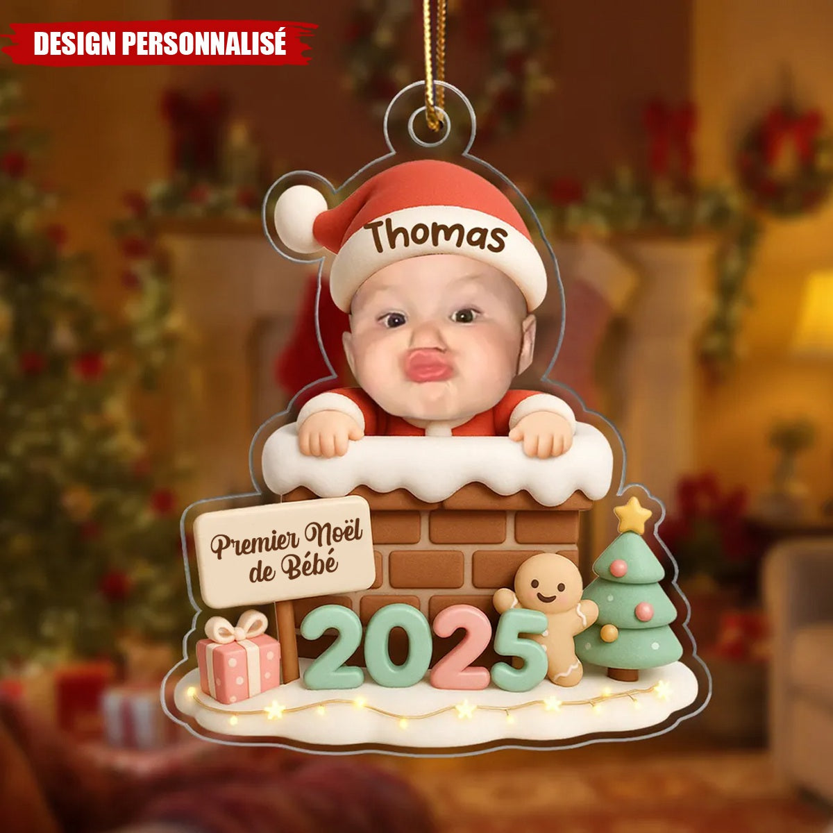 Ornement Acrylique Personnalisé Bébé Noël avec Cheminée – Cadeau de Noël pour Enfants