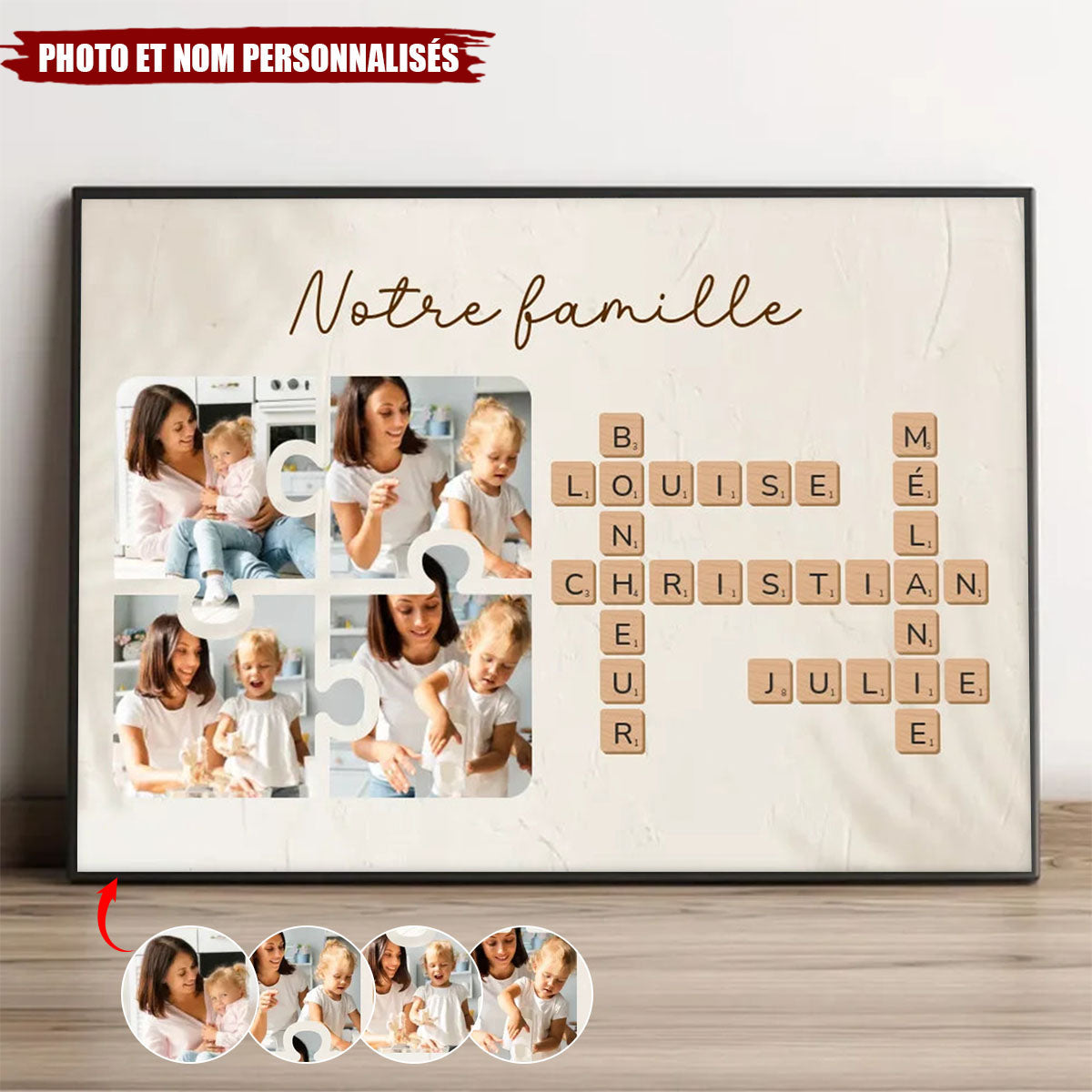 Personnalisé Tableau Scrabble "Notre Famille" avec Photos et Prénoms