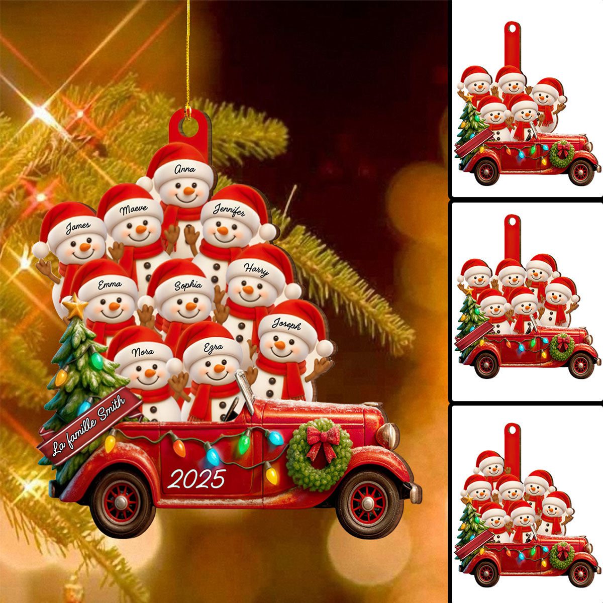 Suspension de Noël Personnalisée – Famille Bonhommes de Neige en Voiture Vintage
