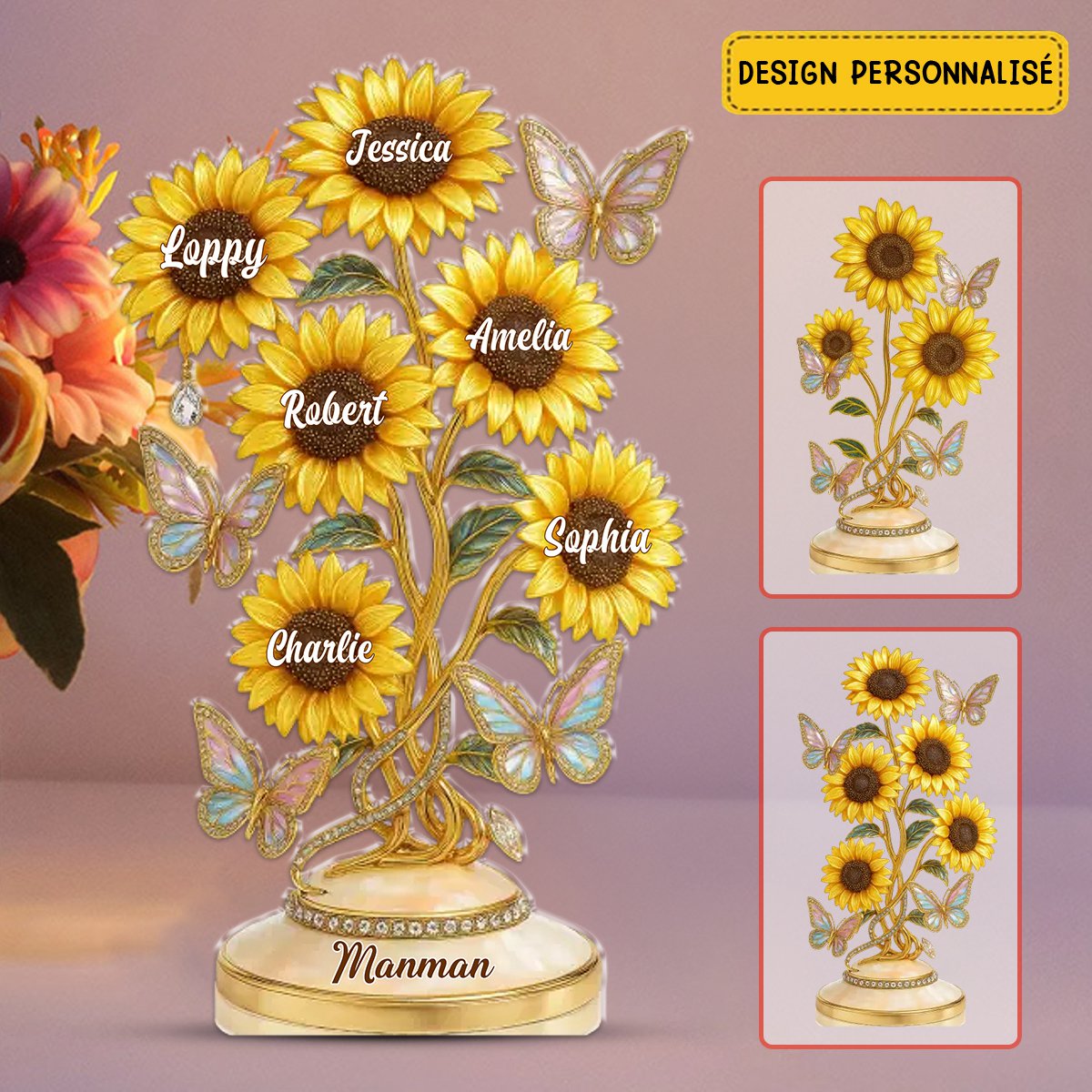 Cadeau Personnalisé pour Mamie - Sculpture de Tournesols avec Noms des Petits-Enfants