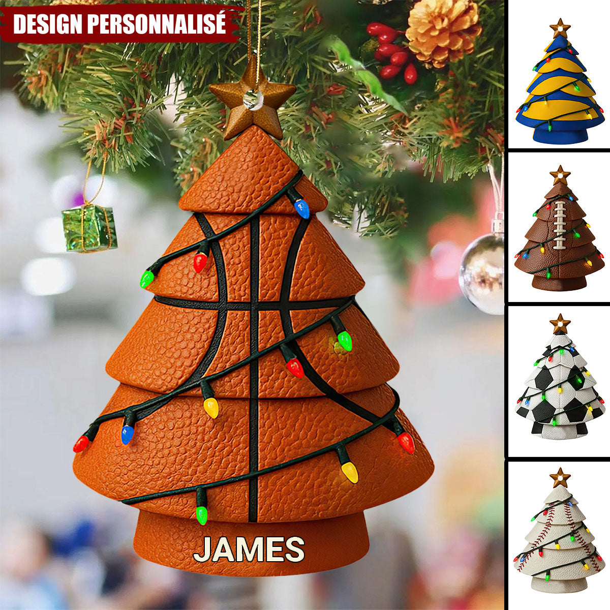 Ornement de Noël Personnalisé en Forme de Sapin – Design Sportif Unique