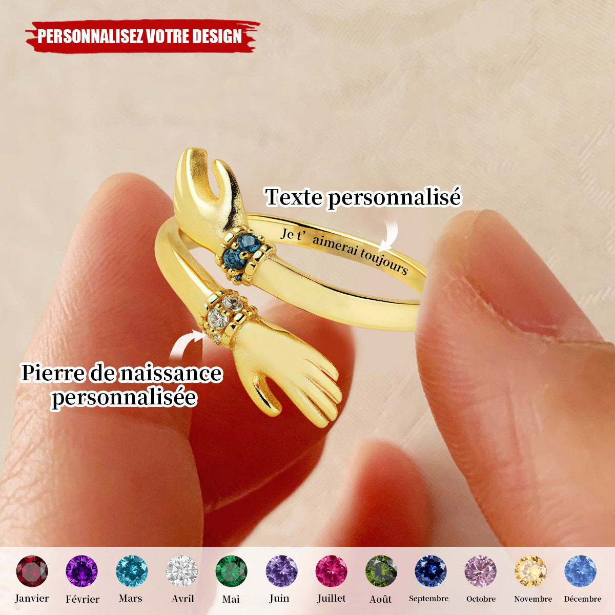 Bague Enlacée Personnalisée avec Pierres de Naissance et Texte Gravé