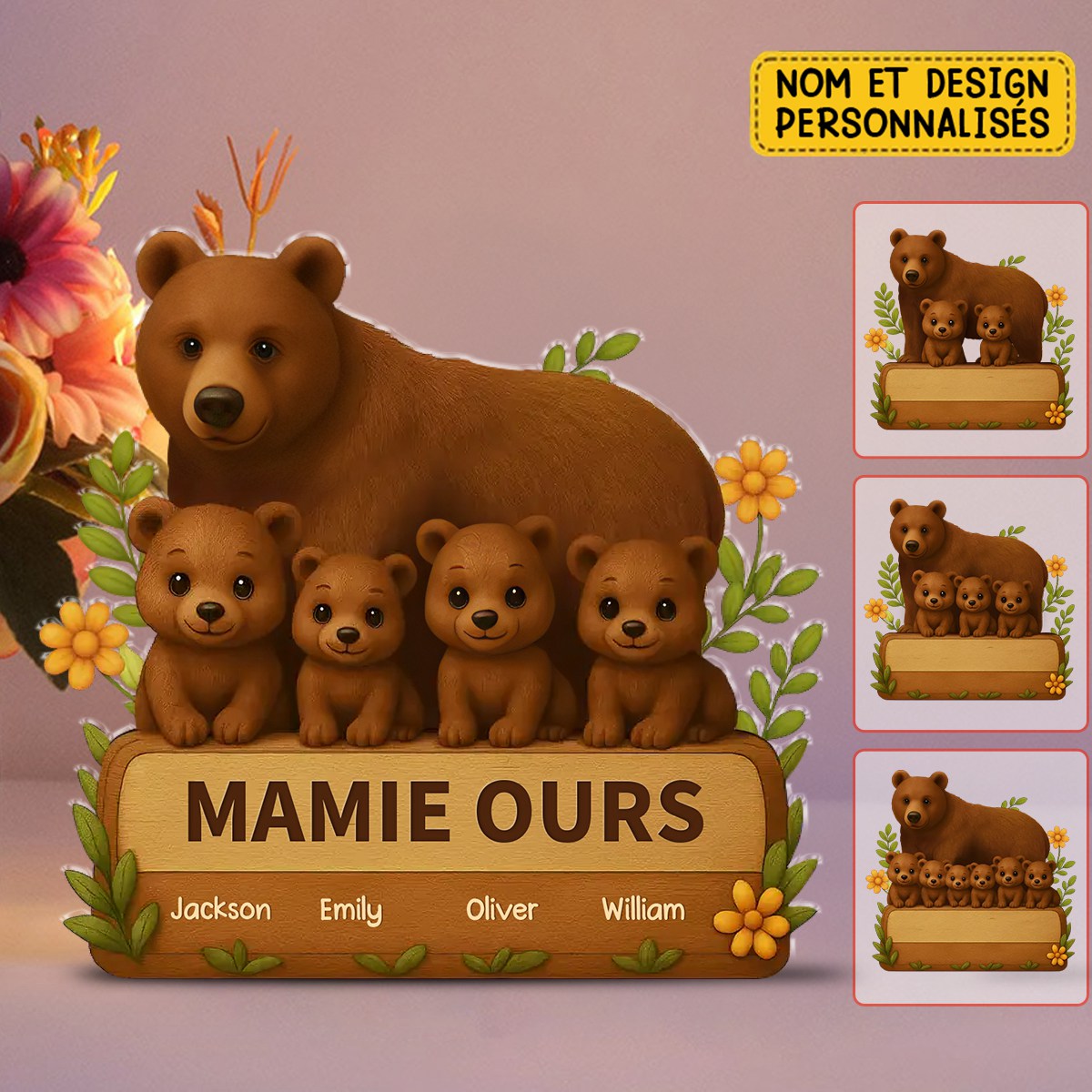 Panneau Décoratif Personnalisé Famille d’Ours – Cadeau Mignon pour Mamie