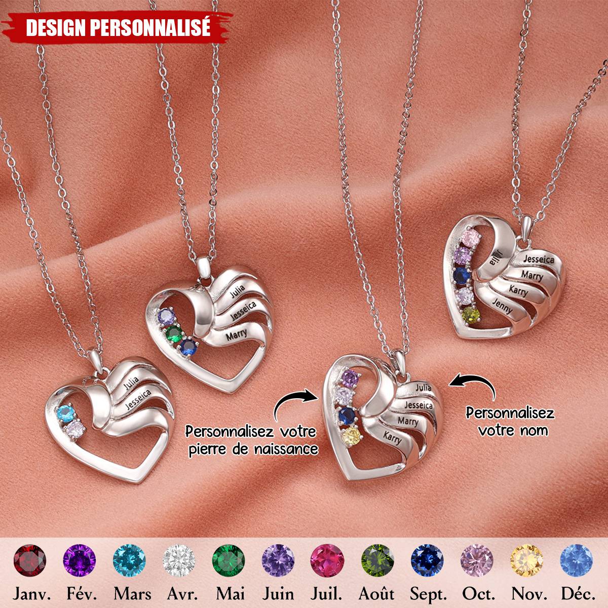 Collier Cœur Personnalisé avec Pierres de Naissance  – Cadeau Unique pour Famille et Amis