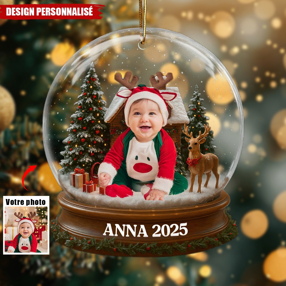 Ornement Acrylique Personnalisé - Premier Noël de Bébé avec Costume du Père Noël et Renne