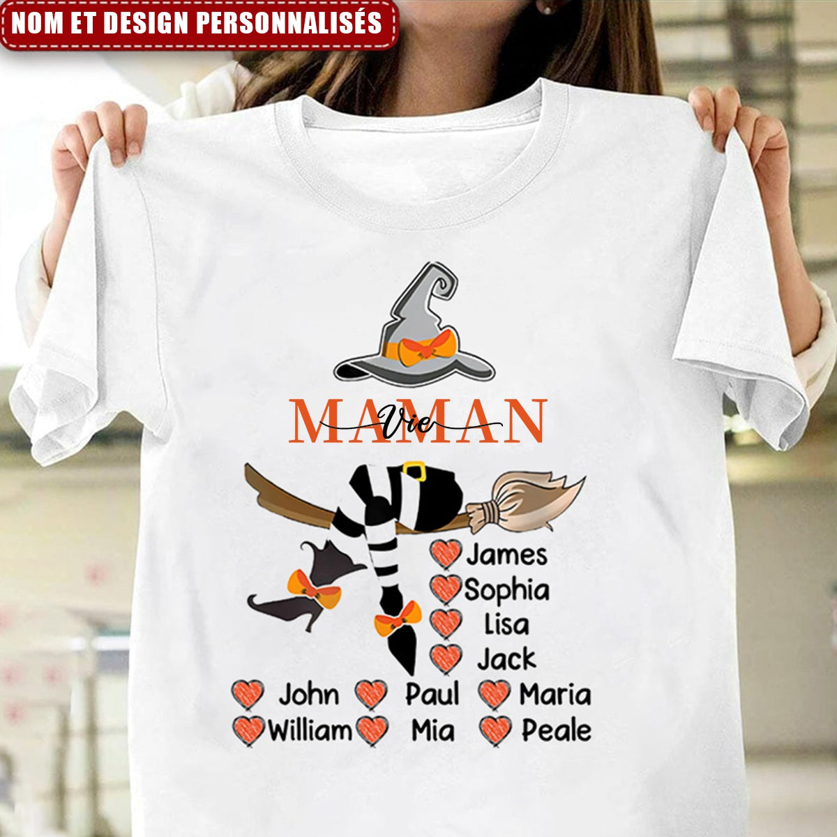 T-shirt Halloween sorcière personnalisé pour Mamie/Maman avec prénoms des petits-enfants/enfants