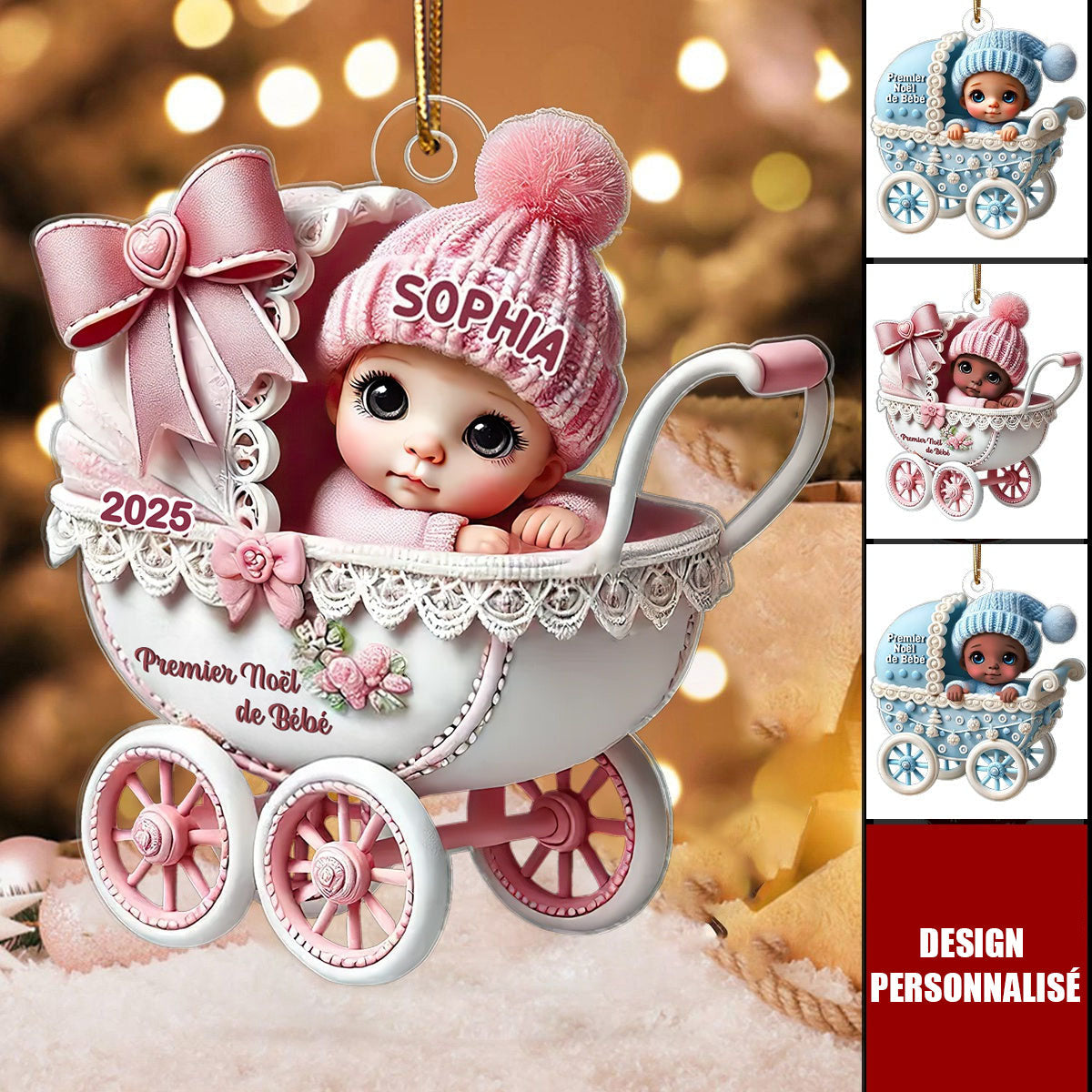 Suspension de Noël Personnalisée – Bébé nouveau-né dans un landau