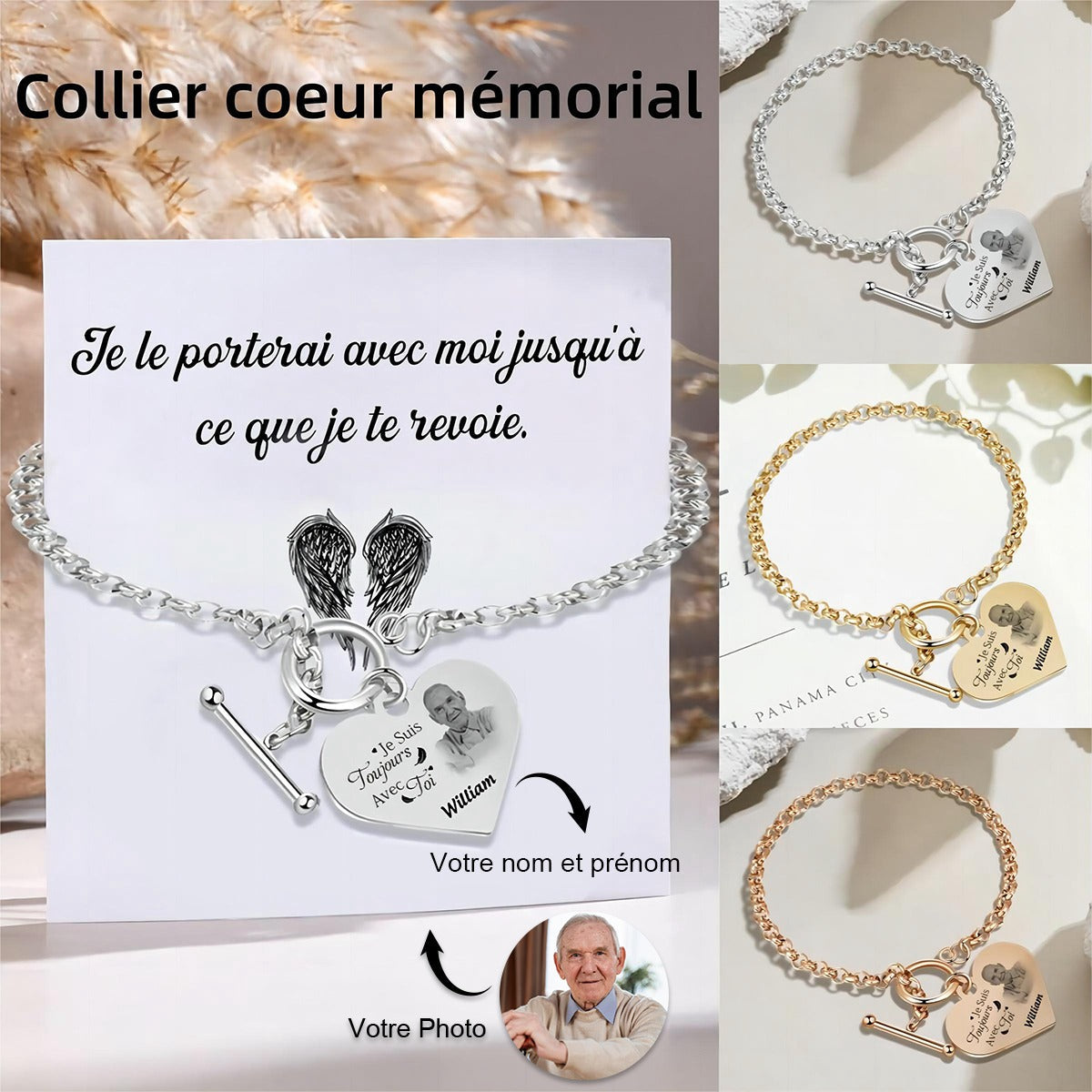 Bracelet avec Cœur Breloque personnalisé en acier inoxydable avec photo et prénom Cadeau commémoratif