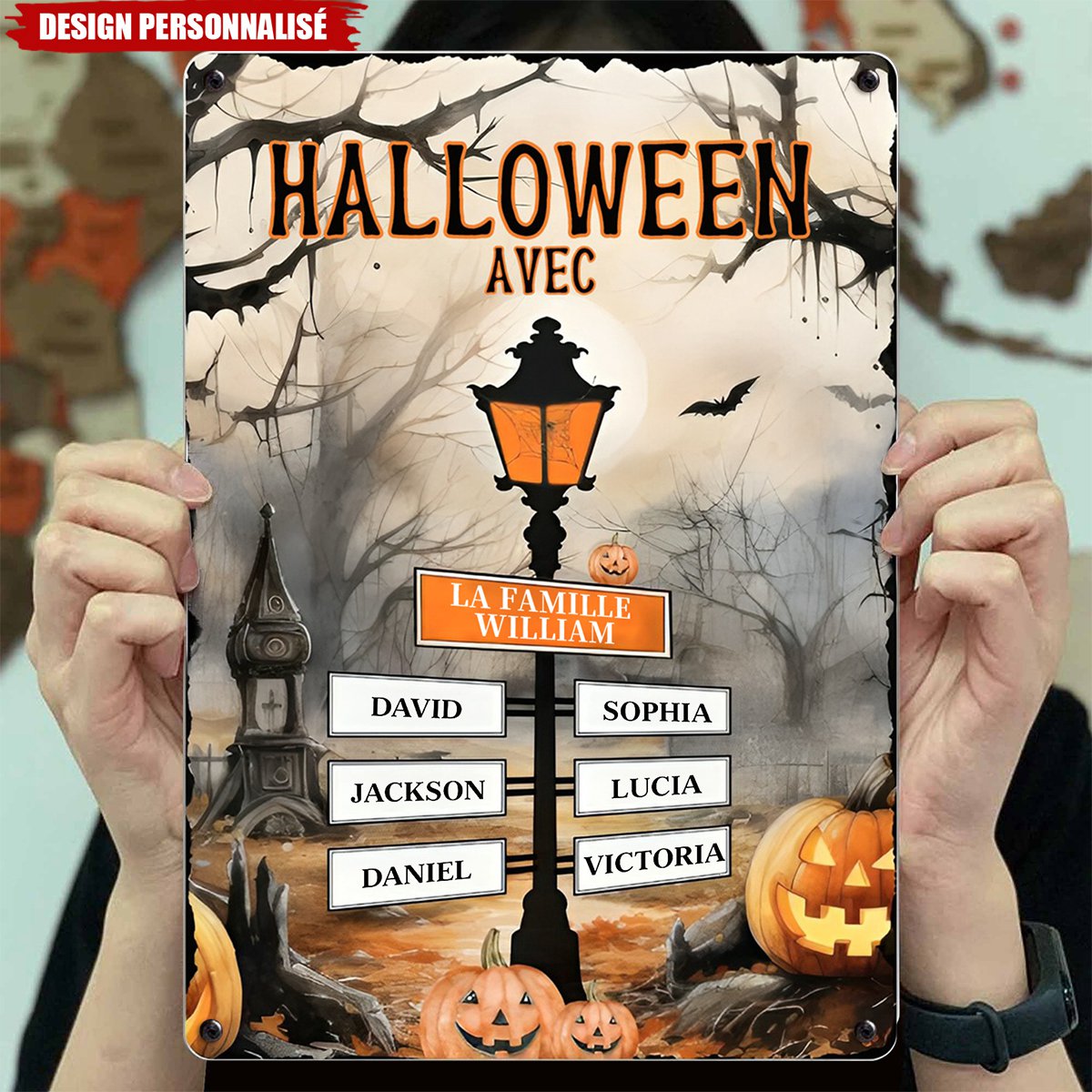 Panneau Métallique Personnalisé Halloween- Décoration Familiale Unique avec Noms