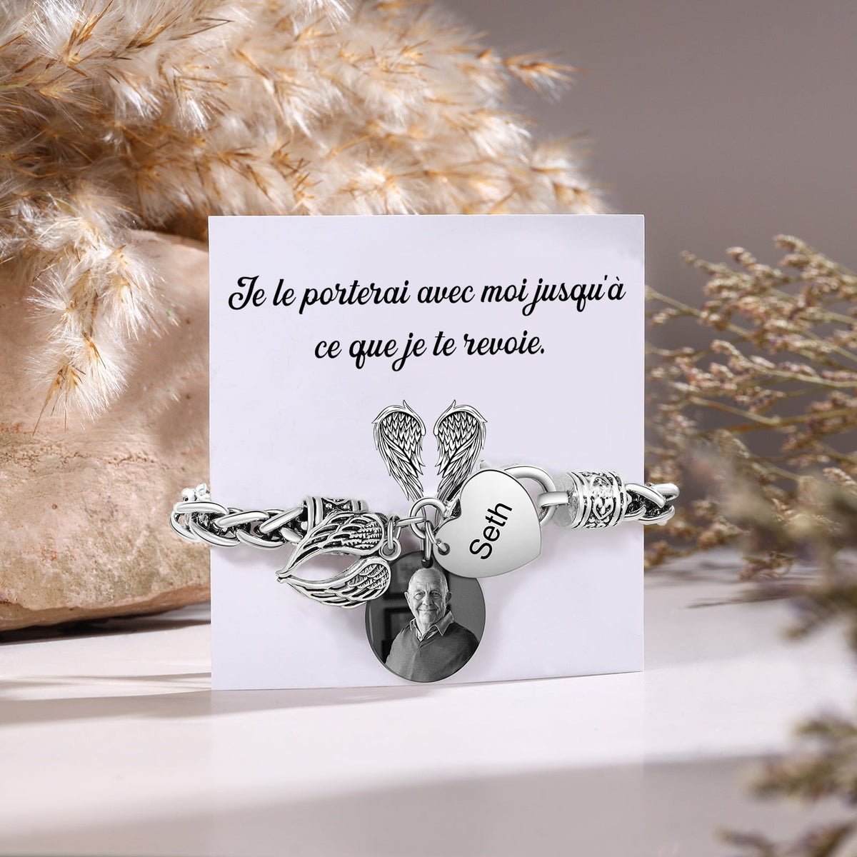 Bracelet Coeur et Ailes commémoratif 1 Prénom Personnalisé avec photo Bracelet Personnalisé