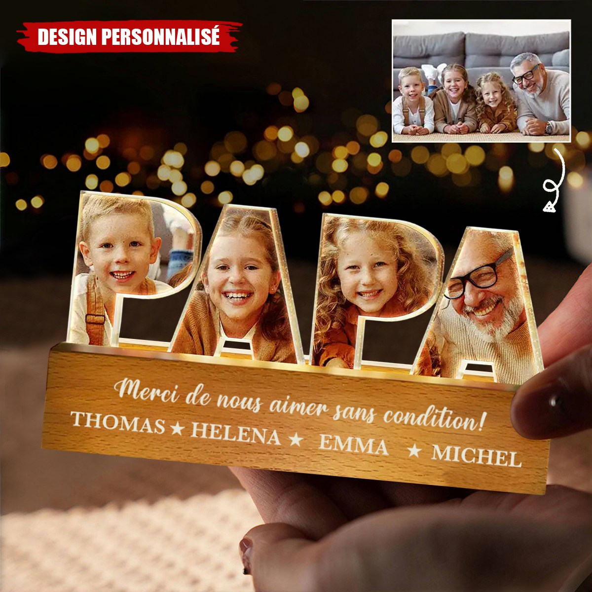 Lampe Photo Personnalisée "PAPA" avec Prénoms – Cadeau Émotionnel pour Papa