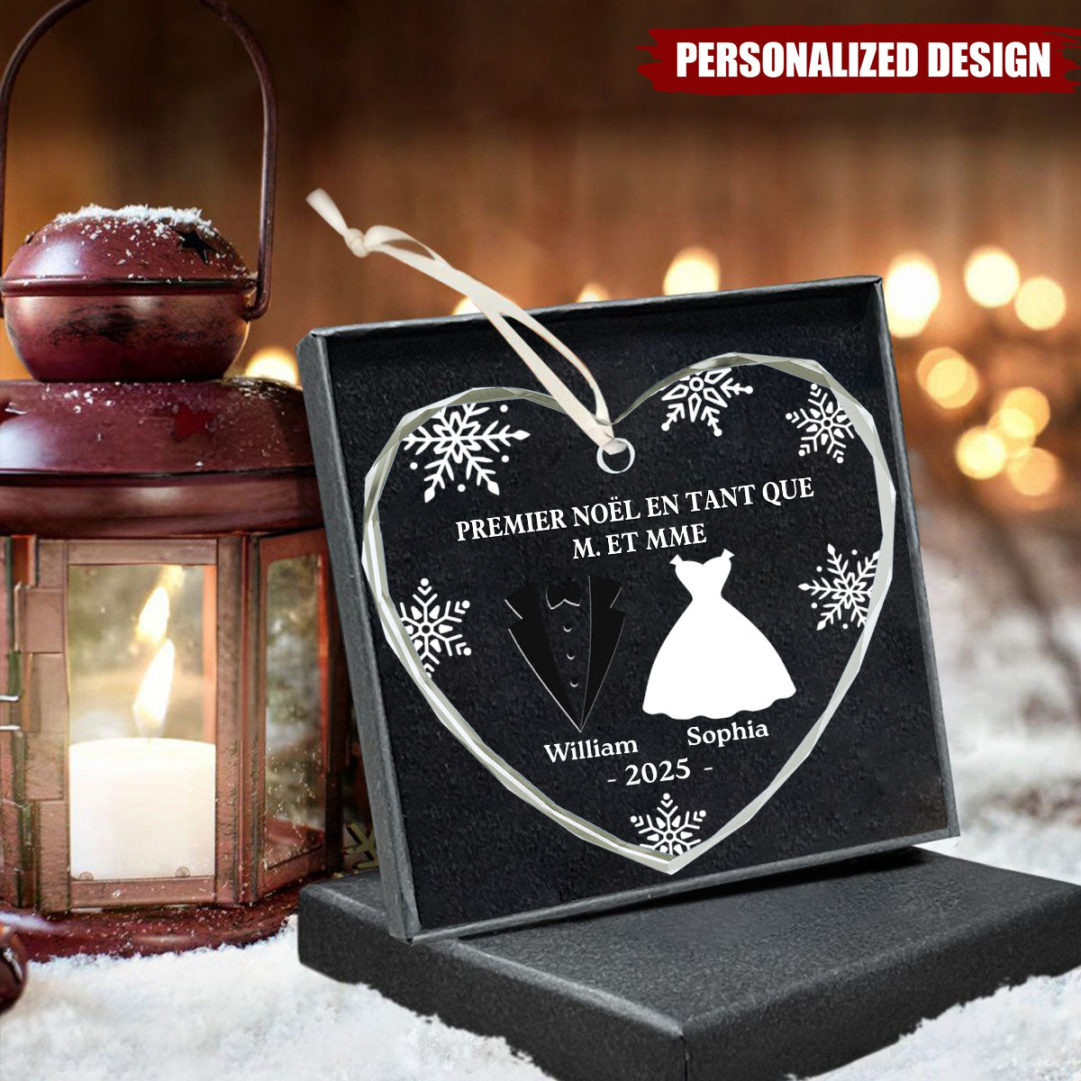 Ornement en Verre en Forme de Cœur Personnalisé - Premier Noël Mariés