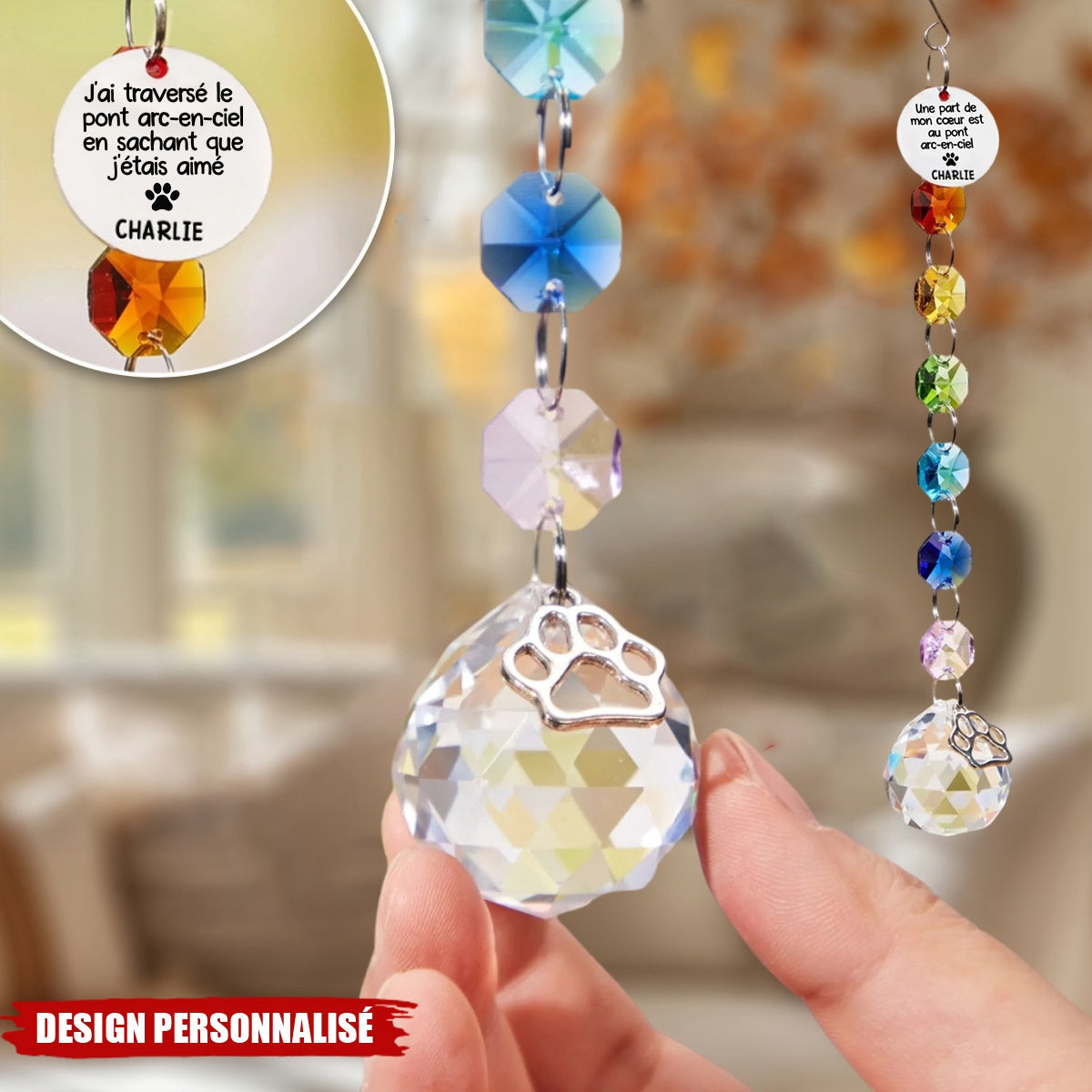 Suncatcher Cristal Personnalisé – Hommage à un Animal au Pont Arc-en-Ciel