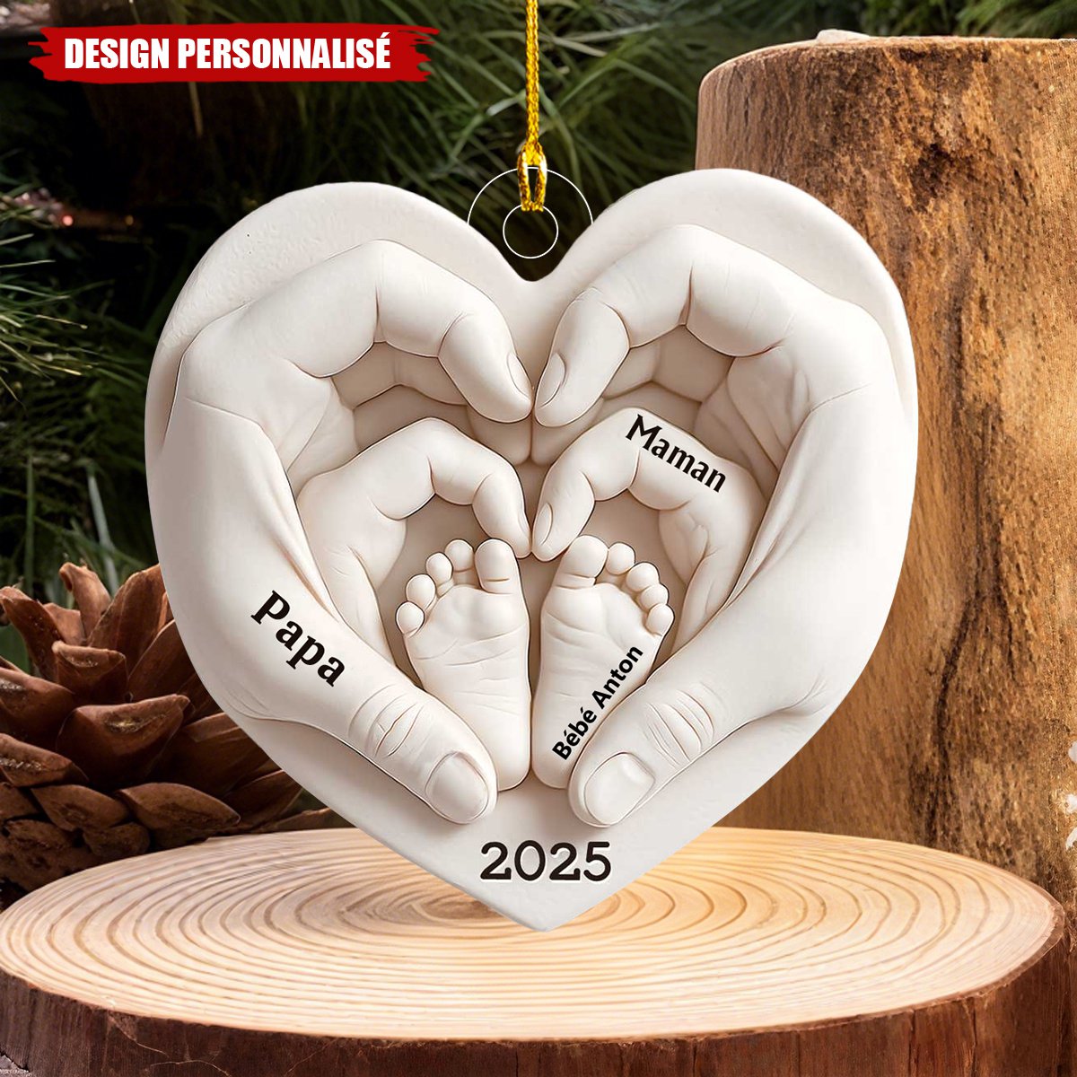 Ornement Cœur Personnalisé avec Empreintes de Pieds de Bébé – Cadeau Souvenir pour Nouveaux Parents